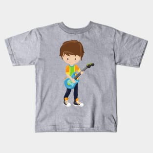 Rock Boy, Brown Hair, Guitar Player, Band, Music Kids T-Shirt